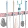 OUTNILI Pink Mop Broom Holder Wall Mount with 4 Slots 4 Hooks Wood Broom Mop Hanger for Pantry Closet Laundry Room Kitchen Organization for Pink Kitchen Decor and Accessories