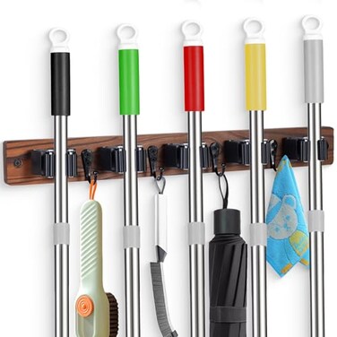 FunCee Broom Holder Wall Mount With 5 Slots 4 HooksRustic Wood Broom Mop HangerWall Mounted Garden Garage Tool Storage Organizer Rack for Closet Laundry Room or Kitchen Wall Decor