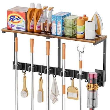 Olakee Broom Holder Wall Mount with Cleaning Supplies Organizer Laundry Room Organization and Storage Shelves with Mop Hanger Rack Gripper Hooks Utility Shelf Closet Organizer for Home Garage Kitchen