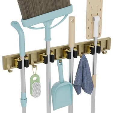 reliahom Broom Holder Wall Mount 4 Racks with 5 Hooks Bronze Mop Storage Tool Racks Broom Hanger Tool Organizer for Garage Kitchen Garden Laundry Room
