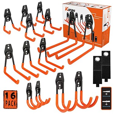 KOFANI Heavy Duty Steel Hooks 16 Pack with AntiSlip Coating Utility Wall Mount Garage Storage for Hanging Bike Ladder and Garden Tools