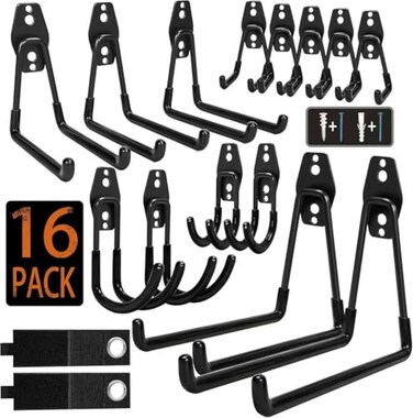 KOFANI Steel Garage Storage Hooks 16 Pack AntiSlip Coating Heavy Duty Wall Mount Hooks for Hanging Bike Ladder Garden Tools