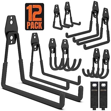 SMARTOLOGY Garage Hooks 12 Pack Wall Storage Hook Includes 2 Extension Cord Holder Utility Organization Heavy Duty Wall Mount Hangers for Hanging Bike Ladder Garden Tools