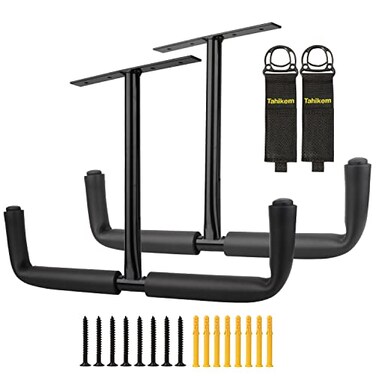 Tahikem 2 Set Overhead Garage Storage Rack Heavy Duty Overhead Storage Double Hook Ceiling Mount Hanger Safe Racks Hooks Hanging for Lumber Ladder Storage Other Bulky Items Pack of 2 Black