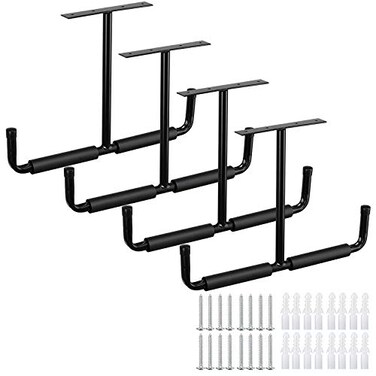 HOSKO Overhead Garage Storage Hooks Rack Ceiling Mounted Heavy Duty Utility Hooks Ladder Hangers for Pipe Lumber Fishing Rod and Ski Board 4 Pack Black