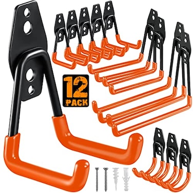 HUPBIPY 12 Pack Garage Hooks Heavy Duty Utility Steel with AntiSlip Coating Wall Mount Storage Organizer for Hanging Power and Garden Tools Ladders Hose Bikes Ropes Bulk Items and More