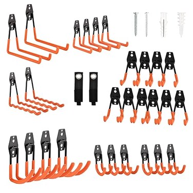 Rlipily 30 Pack Heavy Duty Steel Storage Hooks Wall Mount Garage Hanger Organizer for Bikes Tools Ladders Bulk Items Ropes and More