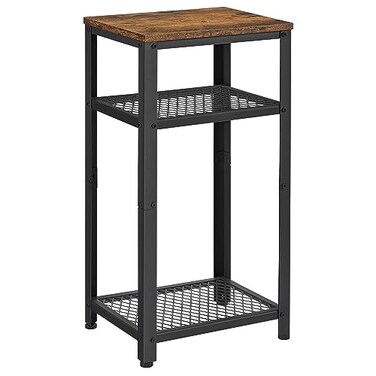 VASAGLE 3Tier Tall Side Table Small Telephone End Table Stand with 2 Mesh Storage Shelves for Office Bedroom Living Room Kitchen Cart Rustic Brown and Ink Black
