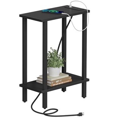TUTOTAK Small End Table with Charging Station Narrow Side Table with USB Ports and Outlets Skinny Sofa Table Slim Nightstand Living Room Bed Room Black TB01BK060