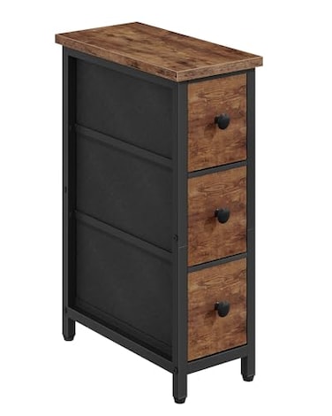 CHOEZON Narrow Side Table with 3 Fabric Drawers Industrial Slim Bedside Table for Small Spaces Bedroom Living Room Dormitory Rustic Brown and Black TBZ09BF