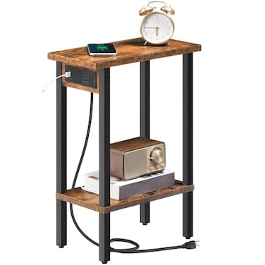 HOOBRO Narrow Side Table 2Tier Slim End Table with Charging Station Skinny Nightstand with Open Storage for Small Spaces Living Room Bedroom Study Rustic Brown and Black BF240UBZ01
