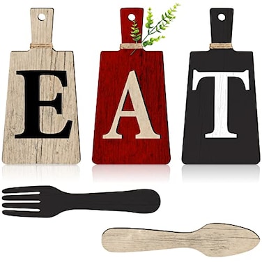 Jetec Cutting Board Eat Sign Set Hanging Art Kitchen Eat Sign Farmhouse Fork and Spoon Wall Decor Rustic Primitive Country Kitchen Decor for Home over Cabinet DecorationRed Black Beige