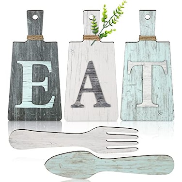 Jetec Cutting Board Eat Sign Set Hanging Art Kitchen Eat Sign Farmhouse Fork and Spoon Wall Decor Rustic Primitive Country Kitchen Decor for Home over Cabinet DecorationGray White Blue