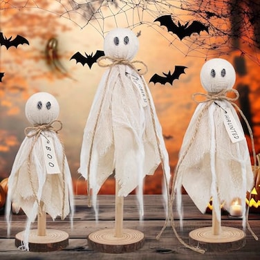 KOITHE Wooden Ghost Halloween Decorations Indoor Set of 3 Sizes Rustic Shelf Sitters with Fabric Ghost Figures Halloween Table Decor for Tiered Tray Mantel Halloween Party SuppliesWhite