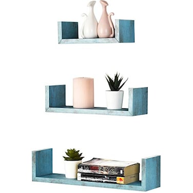 Greenco Set of 3 Floating U Shelves EasytoAssemble Floating Wall Mount Shelves for Bedrooms and Living Rooms Rustic Blue Finish