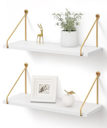 Afuly Floating Shelves for Wall Metallic Gold White Wall Mounted Shelves Shelves for Bathroom Kitchen Bedroom Solid Wood Metal Chic Bookshelf Set of 2