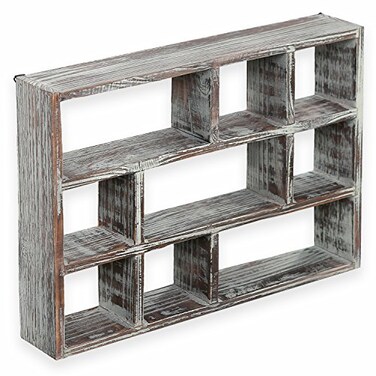 MyGift 9 Compartment Rustic Torched Solid Wood Shadow Box Wall Mountable Curio Display Case Freestanding or Floating Shelf for Collectible Figurines Succulents
