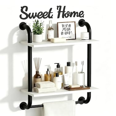 Tinpin Bathroom Shelves Wall Mounted Rustic Farmhouse Pipe Shelves 2Tier Floating Shelf Wall Decor for Bathroom Kitchen Bedroom Living Room Thanksgiving Day 173in White