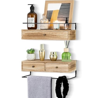 DreamPossible Floating Shelves Wall Mounted Bathroom Shelf Set of 2 with Drawers Rustic Wood Shelves for Bedroom Living Room Kitchen Wall Decor Plants Books Brown