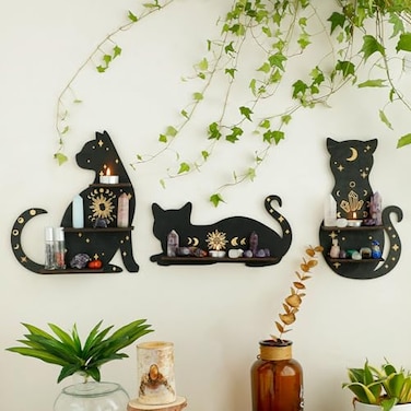 Artilady Crystal Shelf Display 3 PCS Black Cute Cat Floating Shelves for Halloween Wall Bedroom Decor Display Shelf for Crystals and Stones Witchy Room Decorations Gift for Cat Lover