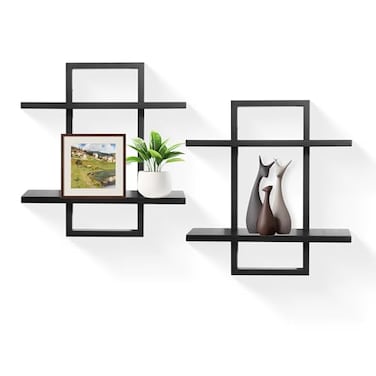 PHOENANCEE Floating Shelves for WallDisplay Hanging Shelf Set of 2Modern Decorative Plants ShelvesWood Home Decor Storage Chic for Living Room Bedroom Bathroom OfficeOak Frame2Tier Black
