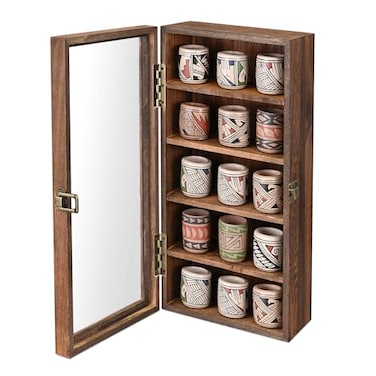Ikee Design Wall Mounted Wooden Collectible Display Case 5 Shelf Display Storage Accessories with Tempered Glass Door Sunglass Cabinet Wall Shadow Box Brown Color
