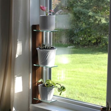 Daniel's Plants Daniels Plants 3 Tiered Window Sill Plant Shelf Real Wood Glass Renter Friendly Window Shelves Removable Indoor Plant Stand with HookandLoop Easy Setup Solid Wood Woodland Brown