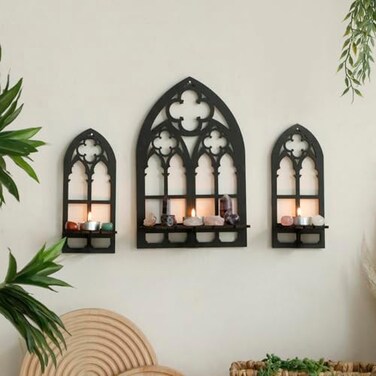 Artilady Crystal Display Shelf 3 PCS Cute Window Shaped Floating Shelves for Wall Bedroom Black Witchy Room Decor Gothic Halloween Wall Decor for Home