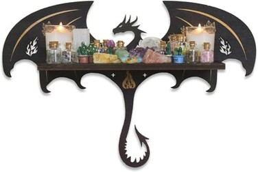 FNYDOX Gothic Evil Dragon Decor Crystal Display Shelf for Wall Wooden Witchy Shelf Rock Display Case Knick Knack Organizer Trinket Holder Wall Hanging Shelves for Essential Oil Nail Polish