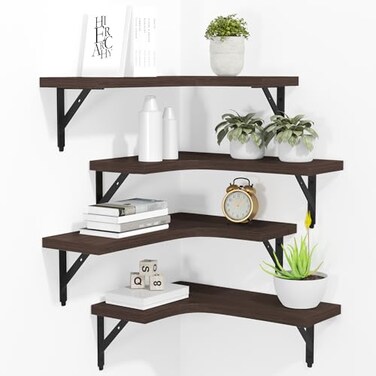 ROMGUAR CRAFT Corner Floating Shelves Wall Mounted Set of 4 Rustic Wood Storage Display Shelves for Home Decor Bathroom Kitchen Bedroom Living Room Office Brown