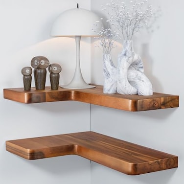 BATODA Acacia Wood Corner Floating Shelves 17 x 12 Corner Shelf Wall Mounted Floating Book Shelves for Wall Brackets and Shelving Hardware Included for Kitchen Living Room Bathroom Set 2