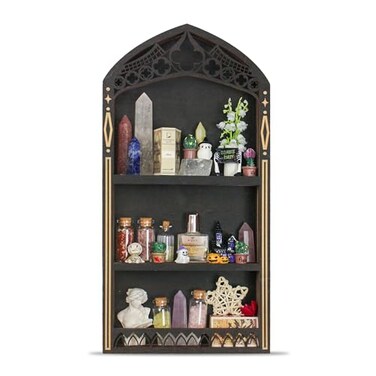 FNYDOX Gothic Crystal Shelf Display for Wall Wooden Trinket Shelf Rock Gem Healing Stone Display Shelf Wall Mounted Crystal Holder Trinket Organizer Knick Knack Shelf Gothic Witchy Decor Gifts for Wom