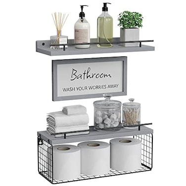 WOPITUES Floating Shelves for Wall Decor Sign Bathroom Organizers and Storage Bathroom Shelves Over Toilet with Metal GuardrailModern Grey