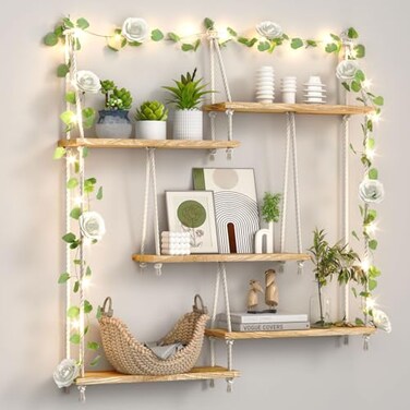 FKSLIFE Hanging Shelves for WallMacrame Hanging Plant Shelf with Vine Lights 5 Tier Rope Floating Shelf Wood Organizer Storage Rack Boho Wall Decor Aesthetic for Succulents Bedroom Bathroom Kitchen