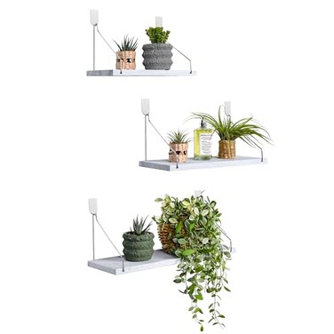 MITIME Floating Shelves Set of 3 Rustic Solid Wood Floating Shelf Wall Storage Shelves for Living Room Bedroom Bathroom Kitchen Laundry Officeno Drill ShelfGrey and White Colour LMS