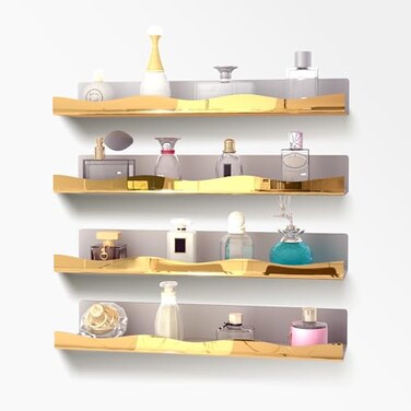 YMVV 157 in Large Golden Reflective Acrylic Mounted Floating Shelf Perfume Organizer Shelf Modern Bathroom Storage Toy Display Organizer Decor 4 Pack