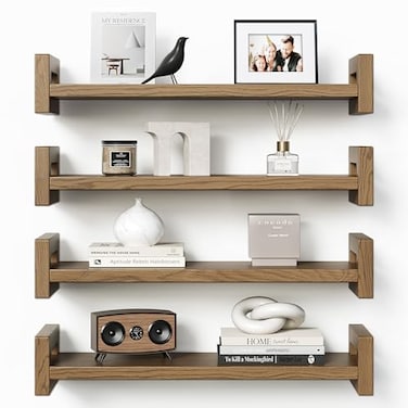 Vailando Floating Shelves for Wall Set of 4 Solid Wood Wall Mounted Shelves 16 Rustic Walnut Display Shelf with Reinforced Hardware for Bedroom Living Room Bathroom and Kitchen Decor