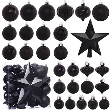 BSTDECOR 52Pack Shatterproof Black Christmas Tree Ornaments and Star Topper For Holiday Decor