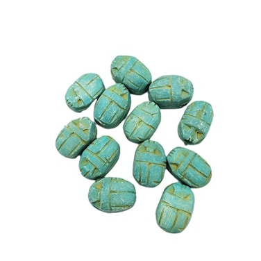 Discoveries Egyptian Imports Egyptian Scarab Beads Set of 12 Medium Vertical Drilled Green HandCarved Soapstone Ancient Egypt Hieroglyphs Made in Egypt