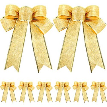 Yumoin 10 Pieces Glitter Christmas Tree Bow Ribbon Bows Christmas Tree Hanging Ornaments for Holiday Christmas Decorations