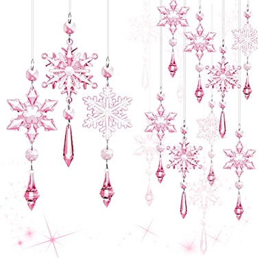 Boao Light Pink 15 Pcs Crystal Snowflake Ornaments for Winter Acrylic Snowflake Decorations Wonderland for Party Favor Celebration