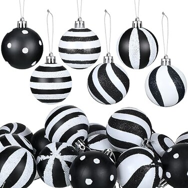 Riceshoot 24 Pcs Christmas Black and White Ball Ornaments Xmas Plastic Stripe Dot Hanging Ball for Christmas Tree Party Decoration Supplies236 Inch