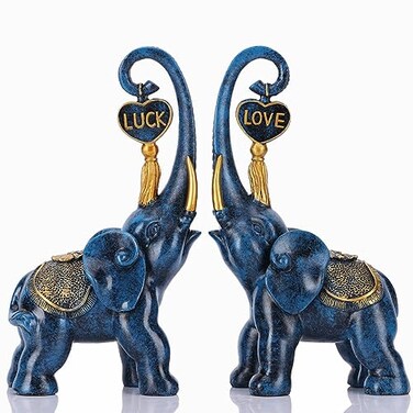 DOVDOV Blue Elephant Statue 2 Piece Set Love Elephant Sculpture Blue Home Decor Elephant Office Bookshelf Bookcase Desk Top Decor