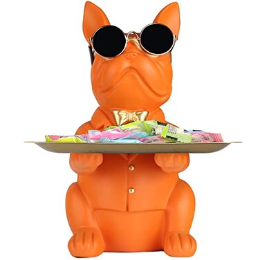 QIANLING Modern Decor Resin Orange Bulldog Tray Statue Tray Storage Key Holder Candy Jewelry Earrings Tray Suitable for Home Decor Modern Art Dining Table Decor Office Small Object Tray