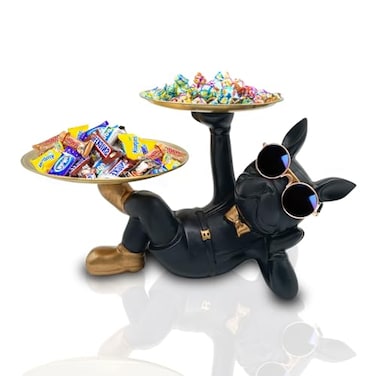 Huhote Resin Bulldog Tray Lying Bulldog Candy Dish Key Holder Bowl Statue for Office Desk Home Decor Figurine Entryway Table Decor Black