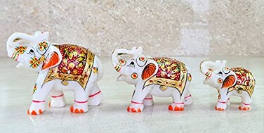 eSplanade Marble Elephant Family with Calf Set of 3 Sculpture Showpiece Figurines Home Decor White Multi 5 Inches