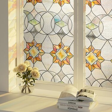 Oxdigi 3D Stained Glass Window Film Static Cling Privacy Protection UV Blocking Floral Geometry Pattern 236x354 No Residue Reusable