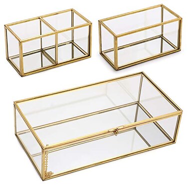 Hipiwe Mirrored Glass Keepsake Box with Two Detachable Internal Glass Organizer Gold Lidded Box Jewelry Trinket Storage Box Perfume Makeup Lipstick Holder