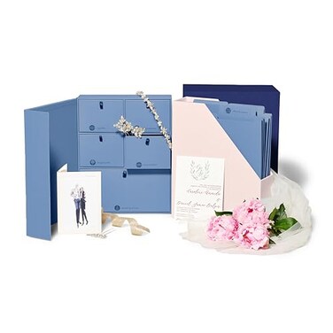 Savor Deluxe Wedding Keepsake Box with 52 Labels 6 Drawers and 8 Vertical Files AcidFree Memory Organizer for Wedding Day Bridal Shower Anniversary Blue No Customization
