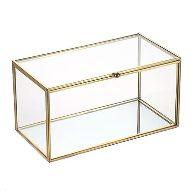 Hipiwe Gold Glass Decorative Rectangular Keepsake Shadow Box Mini Garden Jewelry Display for Wedding Cards Trinkets Photos Perfume 83x43x43